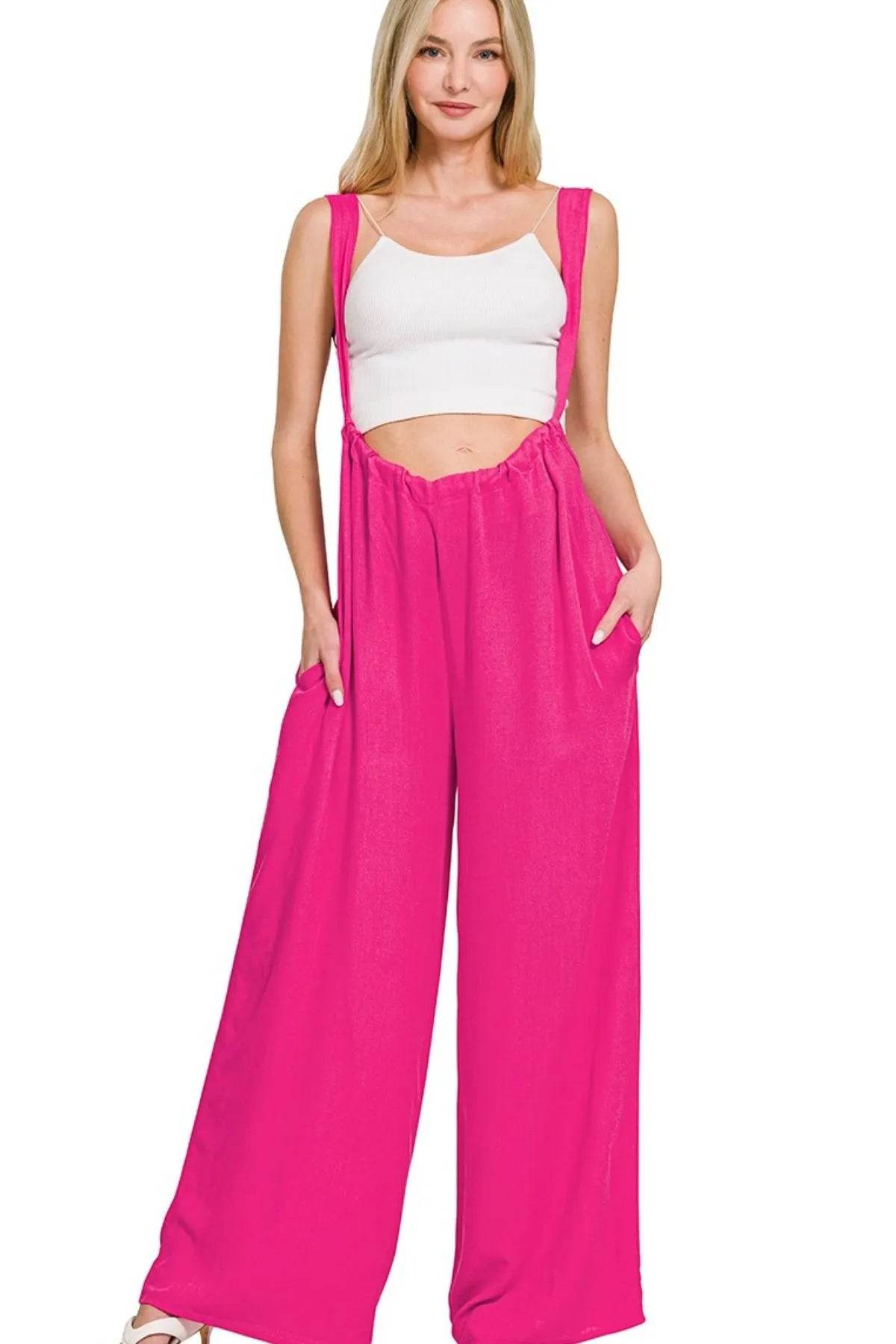 Zenana Woven Tie Back Suspender Jumpsuit - Shop Style & More | Fresh Looks, Everyday Deals & Free Shipping