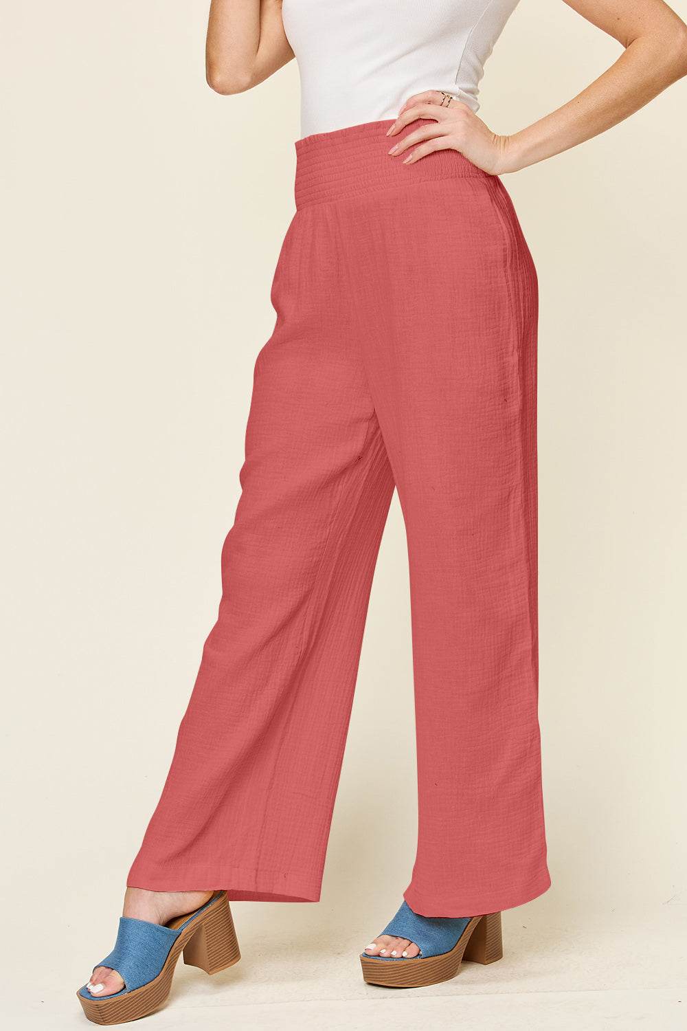 Double Take Full Size Texture Smocked Waist Wide Leg Pants - Shop Style & More | Fresh Looks, Everyday Deals & Free Shipping
