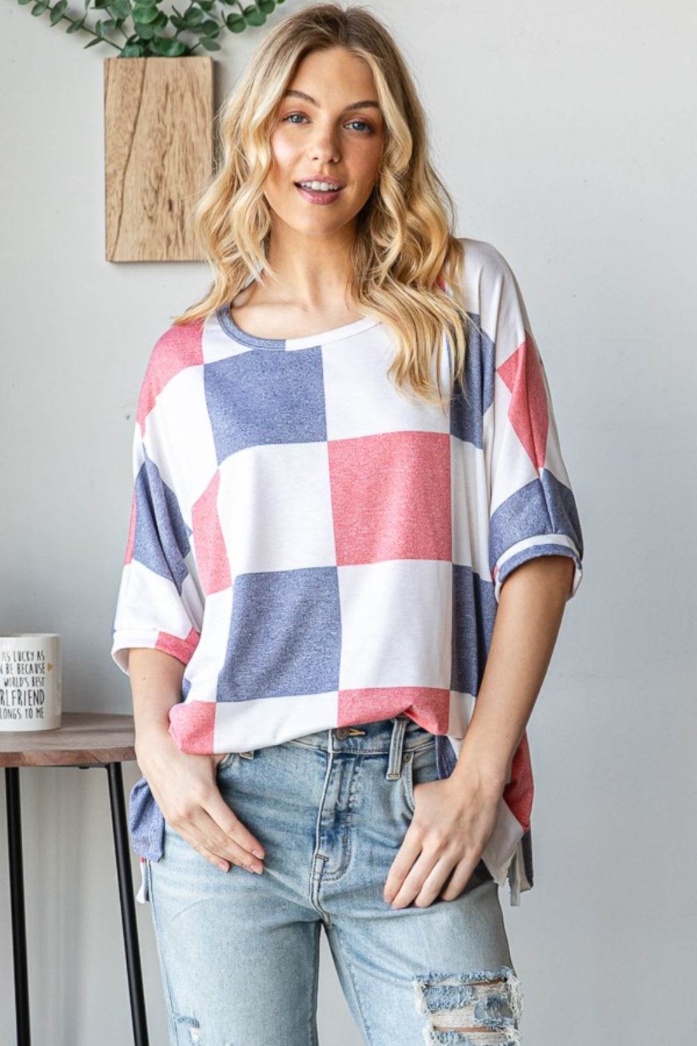 HOPELY Checkered Round Neck Half Sleeve T-Shirt - Shop Style & More | Fresh Looks, Everyday Deals & Free Shipping