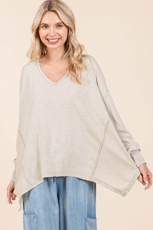 Mittoshop Mineral Wash V-Neck Long Sleeve Oversized Top - Shop Style & More | Fresh Looks, Everyday Deals & Free Shipping