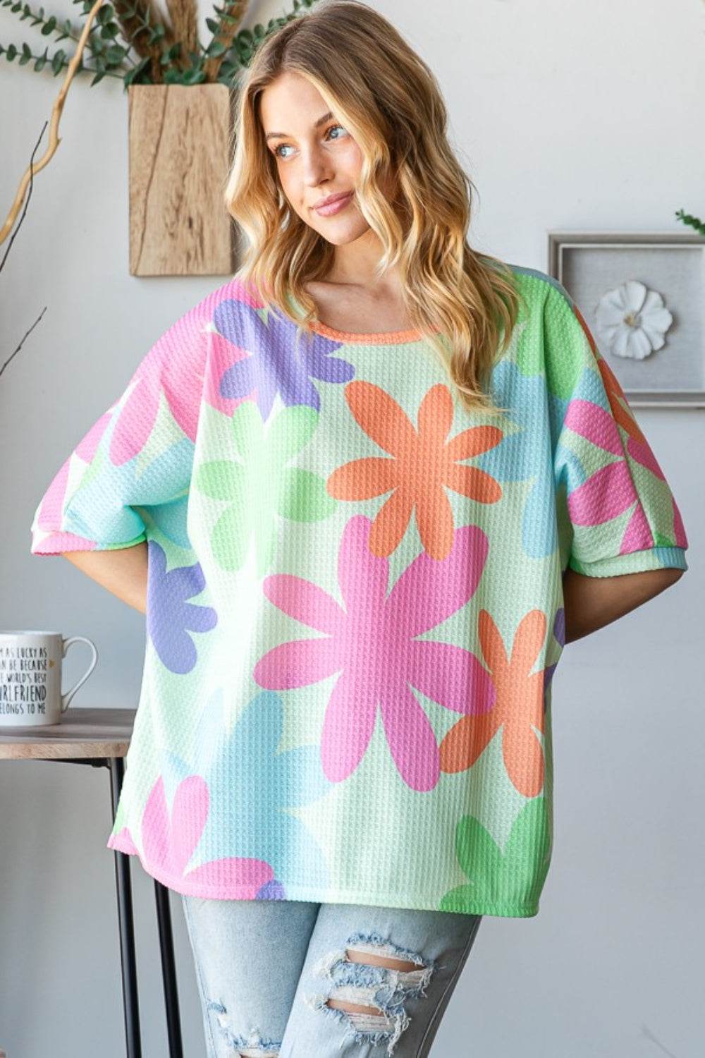 HOPELY Floral Round Neck Waffle T-Shirt - Shop Style & More | Fresh Looks, Everyday Deals & Free Shipping
