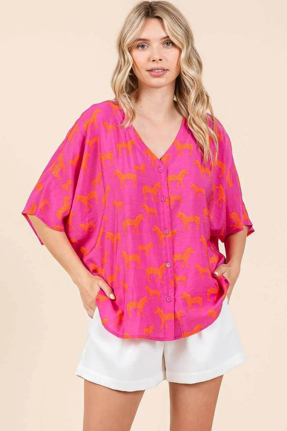 Mittoshop Zebra Print V-Neck Button Down Dolman Sleeve Top - Shop Style & More | Fresh Looks, Everyday Deals & Free Shipping