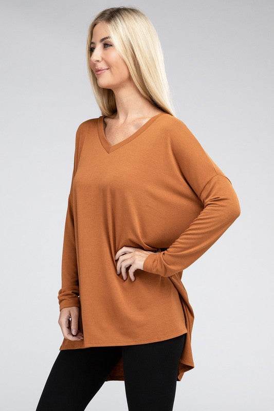 Dolman Long Sleeve V-Neck Side Slit Hi-Low Hem Top - Shop Style & More | Fresh Looks, Everyday Deals & Free Shipping