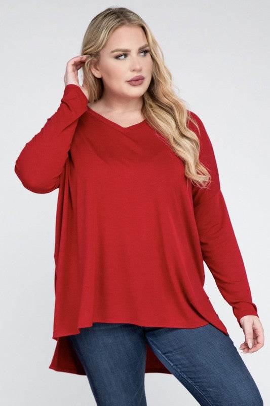 Plus Dolman Sleeve V-Neck Side Slit Hi-Low Hem Top - Shop Style & More | Fresh Looks, Everyday Deals & Free Shipping