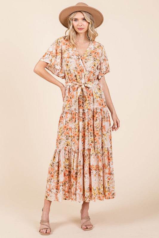 Mittoshop Floral Tie Waist Flutter Sleeve Tiered Dress - Shop Style & More | Fresh Looks, Everyday Deals & Free Shipping