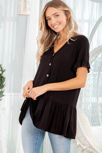 Heimish Full Size Ruffled V-Neck Short Sleeve Blouse Plus Size - Shop Style & More | Fresh Looks, Everyday Deals & Free Shipping