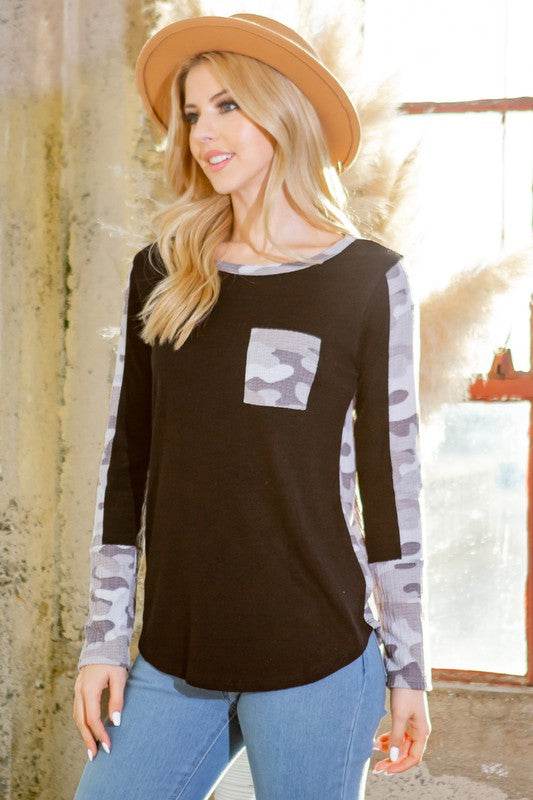 Textured Camo. Print Contrasted Sweater Knit Top - Shop Style & More | Fresh Looks, Everyday Deals & Free Shipping