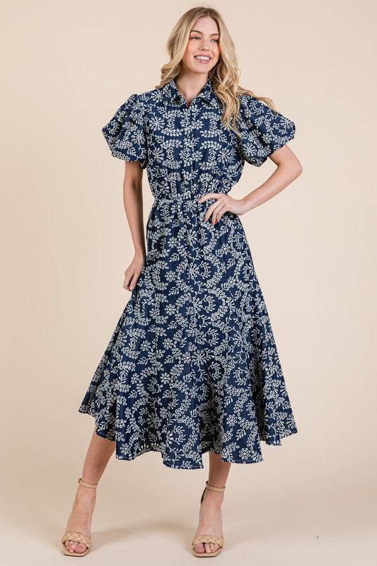 GeeGee Natural Leaf Pattern Eyelet Lace Puff Sleeve Dress - Shop Style & More | Fresh Looks, Everyday Deals & Free Shipping