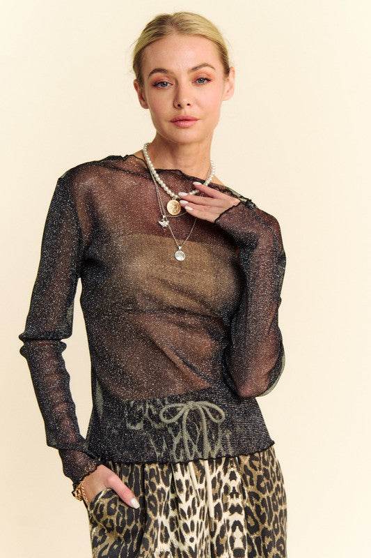 Davi & Dani Glitter Mesh Lettuce Hem Long Sleeve Top - Shop Style & More | Fresh Looks, Everyday Deals & Free Shipping