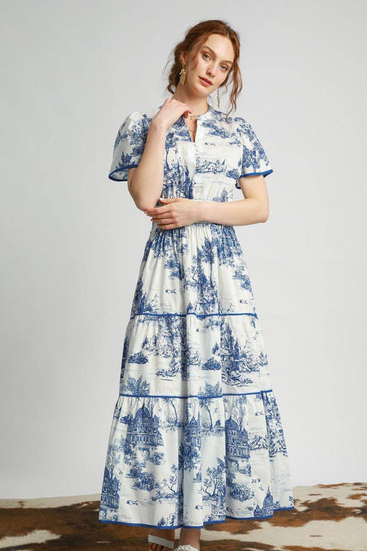 Umgee Full Size Landscape Print Short Sleeve Tiered Maxi Dress Plus Size - Shop Style & More | Fresh Looks, Everyday Deals & Free Shipping