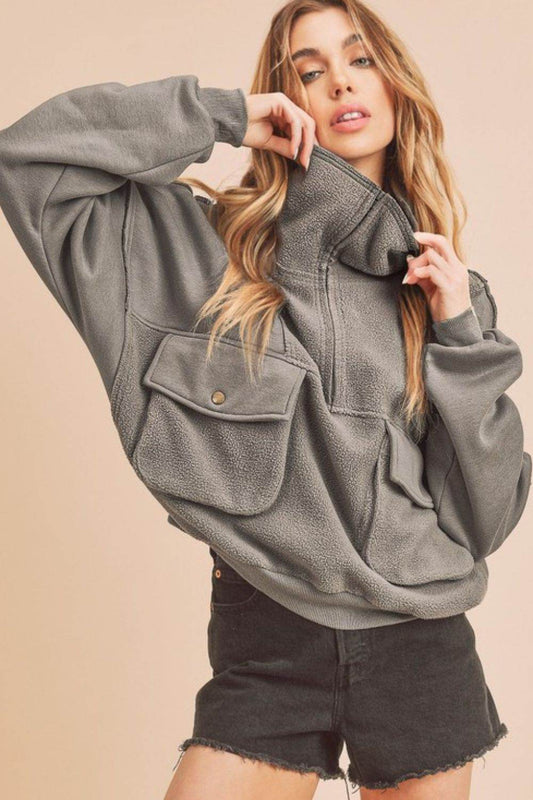 Aemi + Co Exposed Seam Half Zip Sweatshirt with Pockets - Shop Style & More | Fresh Looks, Everyday Deals & Free Shipping
