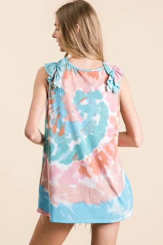 BiBi Circular Tie Dye Knit V Neck Top With Ruffle - Shop Style & More | Fresh Looks, Everyday Deals & Free Shipping