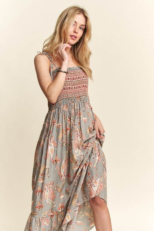 ADORA Smocked Printed Square Neck Tie Shoulder Cami Dress - Shop Style & More | Fresh Looks, Everyday Deals & Free Shipping