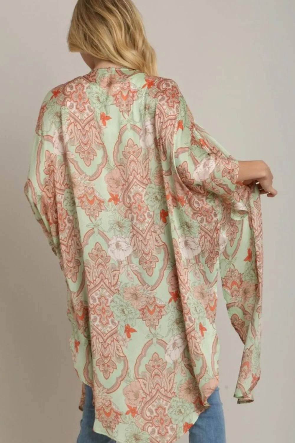 Umgee Full Size Mixed Print Open Front Kimono with Ruffle Sleeves Plus Size - Shop Style & More | Fresh Looks, Everyday Deals & Free Shipping