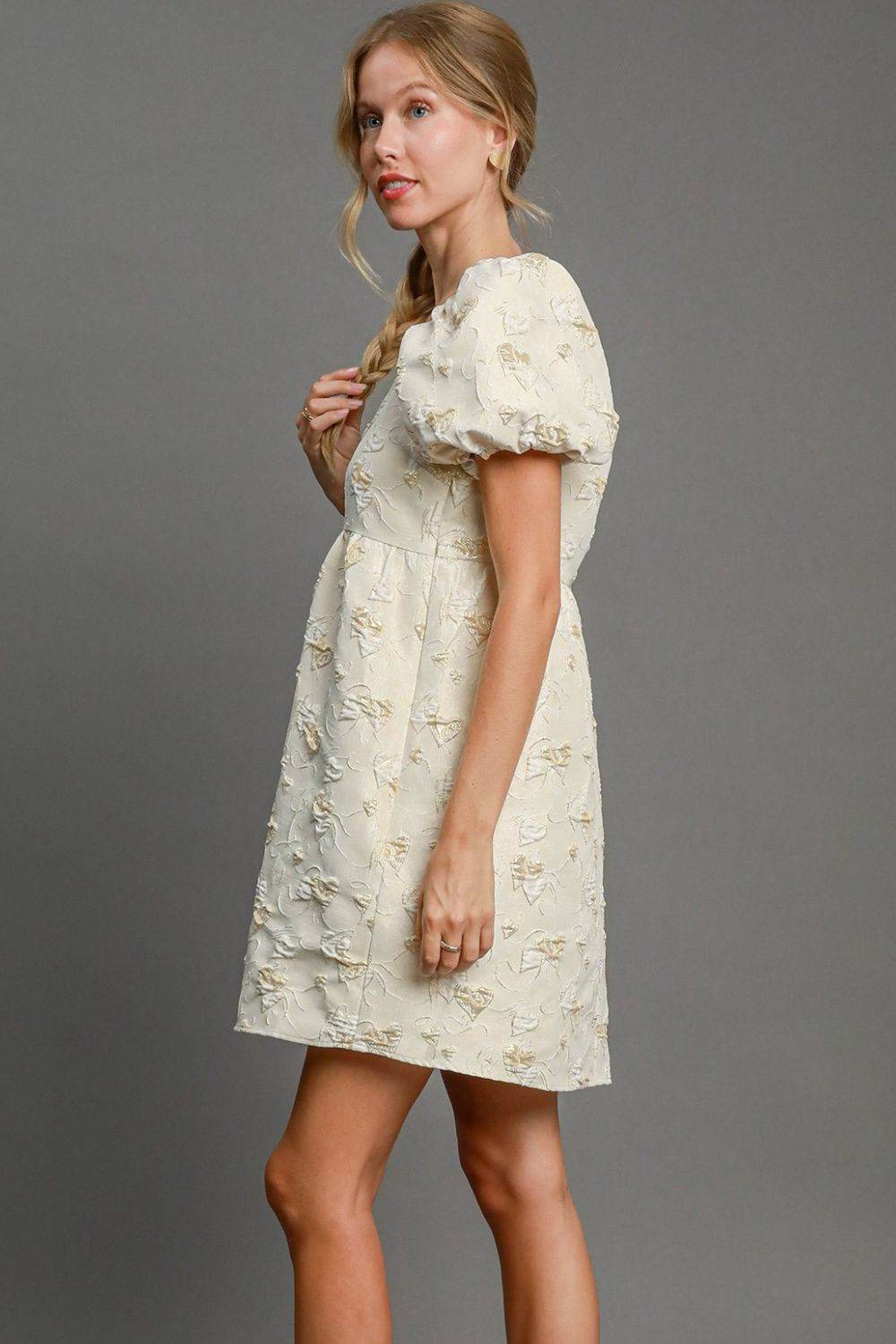 Umgee Heart Jacquard Square Neck Puff Sleeve Mini Dress - Shop Style & More | Fresh Looks, Everyday Deals & Free Shipping