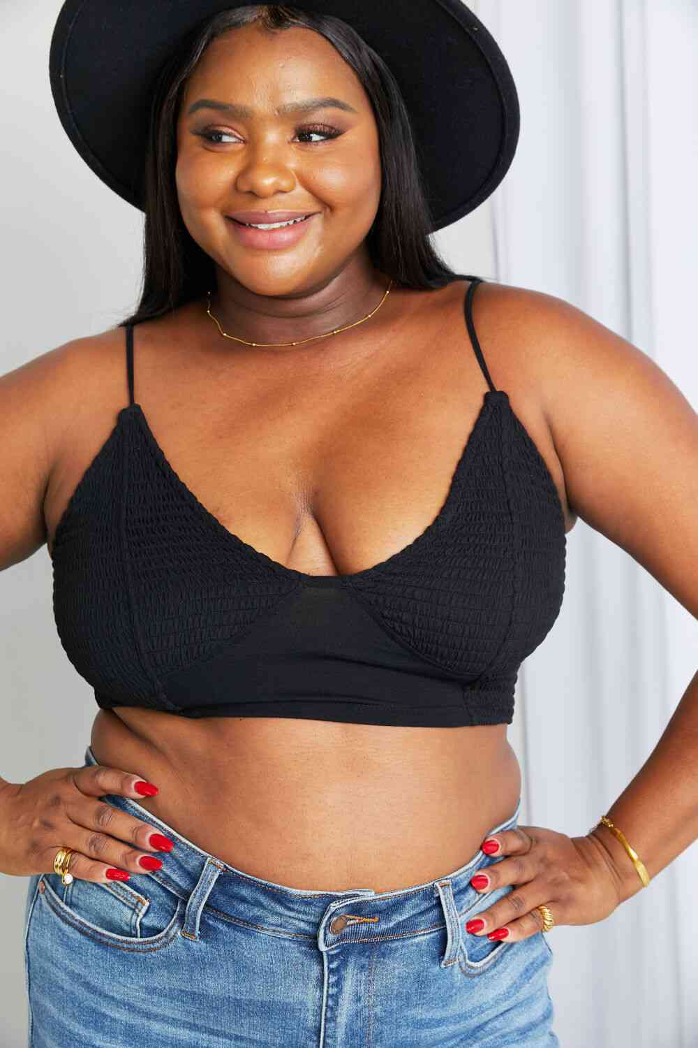 Zenana Full Size Textured Spaghetti Strap Bralette in Black Bras