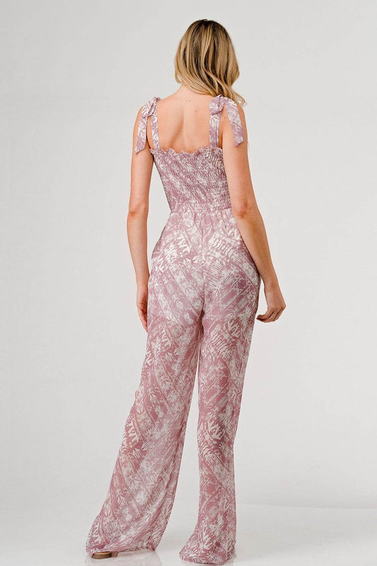 GeeGee Printed Tie Shoulder Wide Leg Jumpsuit - Shop Style & More | Fresh Looks, Everyday Deals & Free Shipping