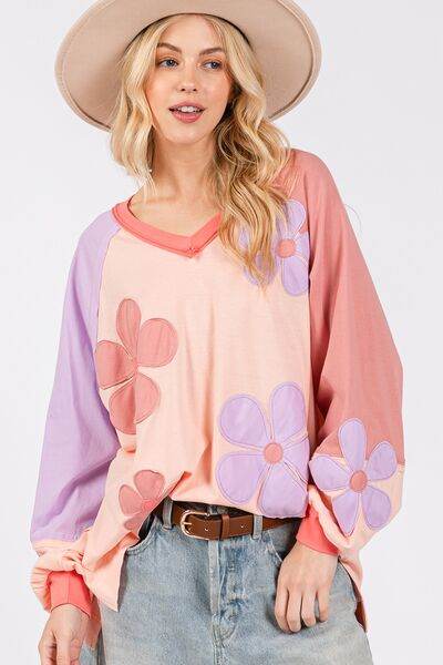 SAGE + FIG Full Size Daisy Applique Patch Color Block Long Sleeve Top - Shop Style & More | Fresh Looks, Everyday Deals & Free Shipping