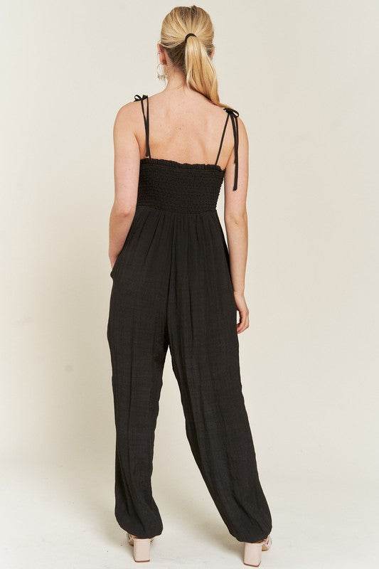 SMOCKED TIE STRAP JUMPSUIT - Shop Style & More | Fresh Looks, Everyday Deals & Free Shipping