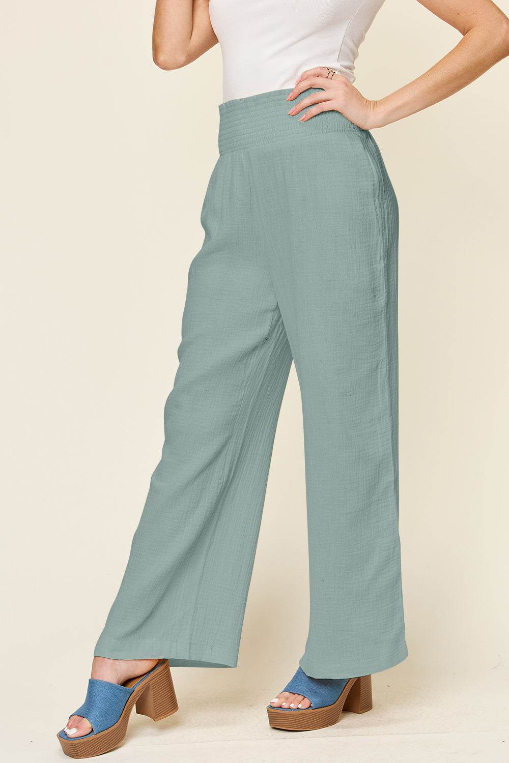 Double Take Full Size Texture Smocked Waist Wide Leg Pants - Shop Style & More | Fresh Looks, Everyday Deals & Free Shipping