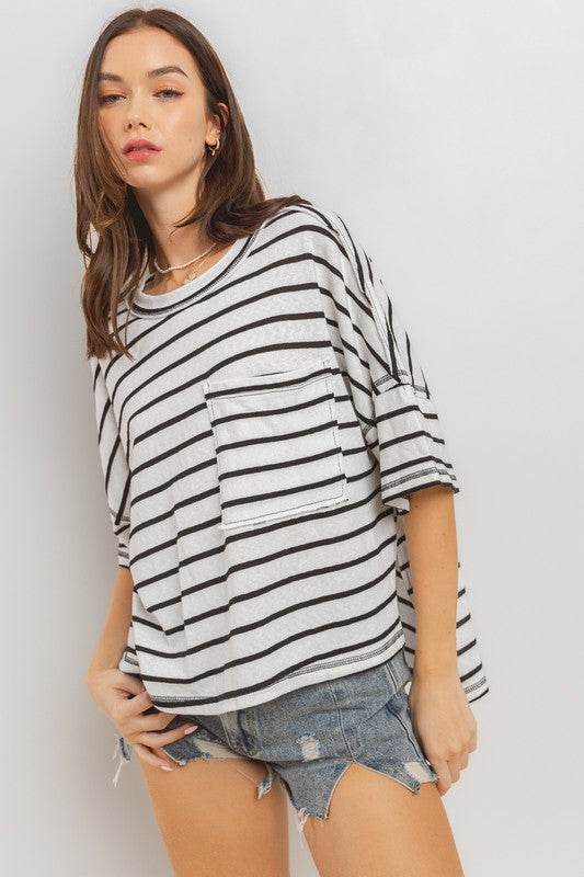 Ces Femme Side Slit Striped Round Neck Half Sleeve T-Shirt - Shop Style & More | Fresh Looks, Everyday Deals & Free Shipping