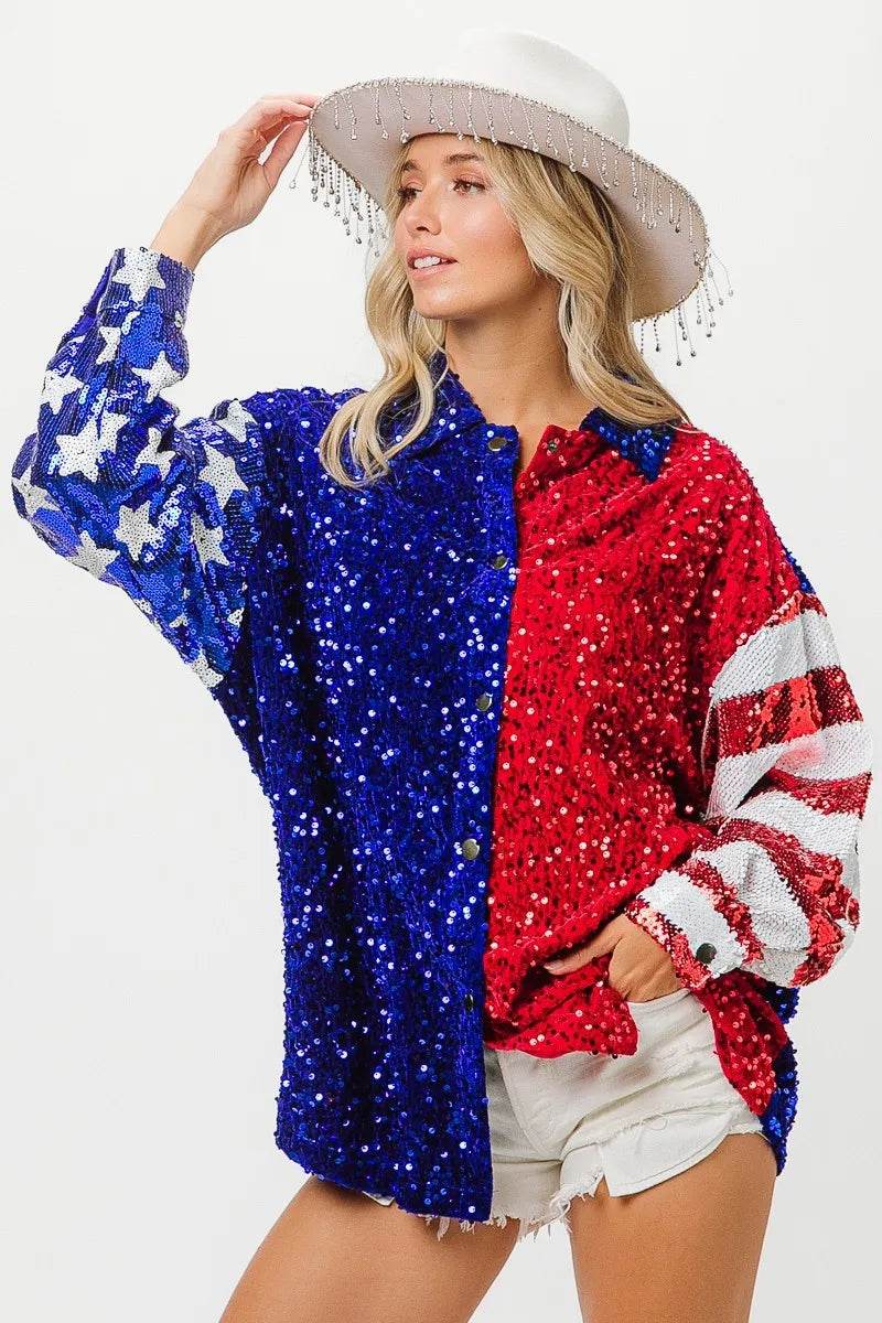 BiBi American Flag Sequin Snap Down Shirt - Shop Style & More | Fresh Looks, Everyday Deals & Free Shipping