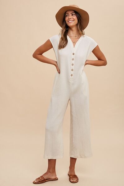 Annie Wear Wide Leg Jumpsuit with Button Detail and Pockets Cream Jumpsuits
