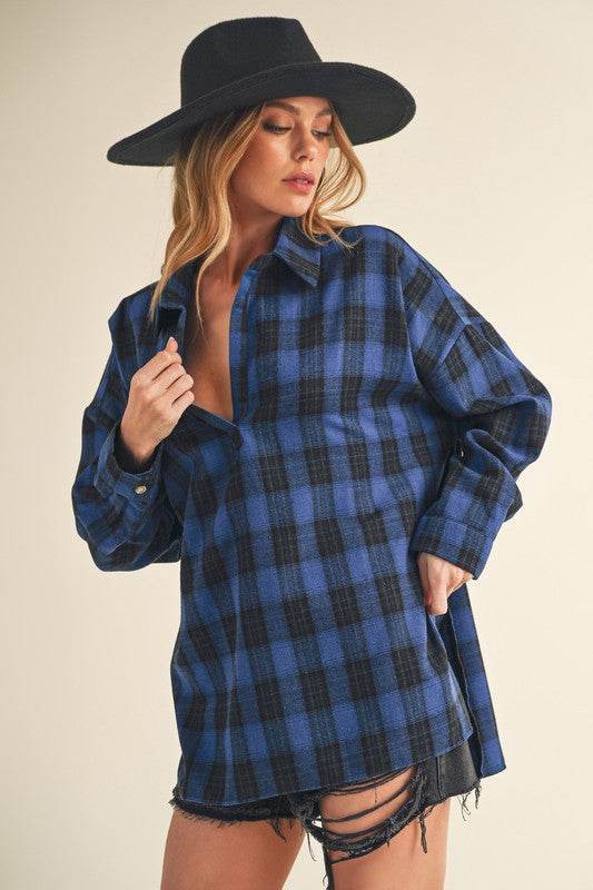 Aemi + Co Side Slit High-Low Plaid Long Sleeve Polo Shirt - Shop Style & More | Fresh Looks, Everyday Deals & Free Shipping
