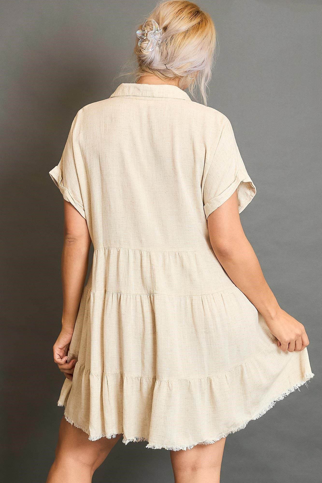 Umgee Full Size Raw Hem Folded Sleeve Tiered Dress Plus Size - Shop Style & More | Fresh Looks, Everyday Deals & Free Shipping
