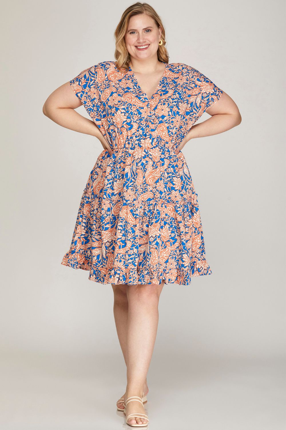 She + Sky Full Size Ruffled Hem Printed Surplice Kimono Sleeve Mini Dress Plus Size Casual Dresses