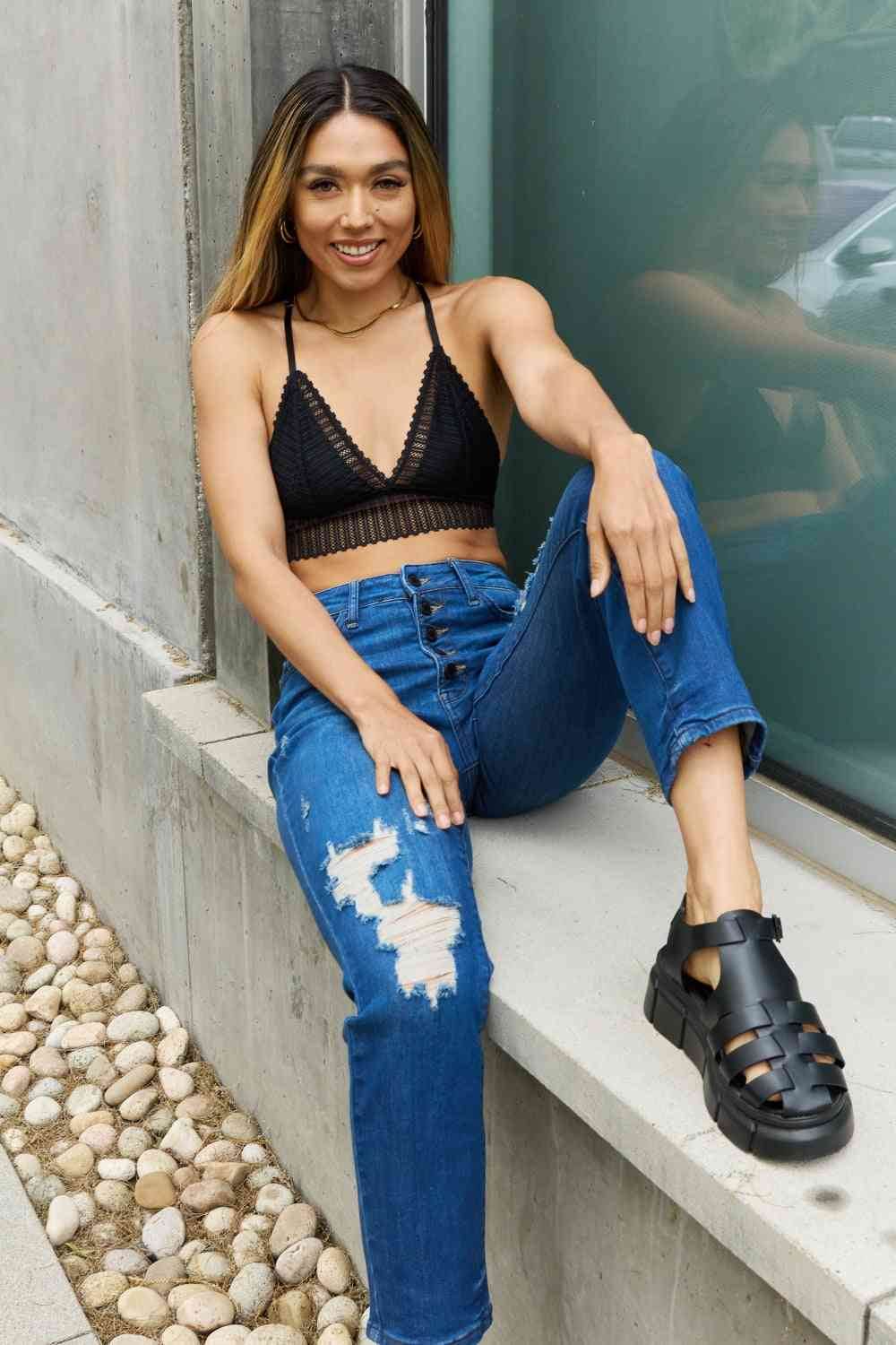 Leto Ribbed Lace Boho Racerback Bralette in Black - Shop Style & More | Fresh Looks, Everyday Deals & Free Shipping