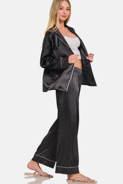 Zenana Satin Long Sleeve Shirt and Pants Pajama Set - Shop Style & More | Fresh Looks, Everyday Deals & Free Shipping