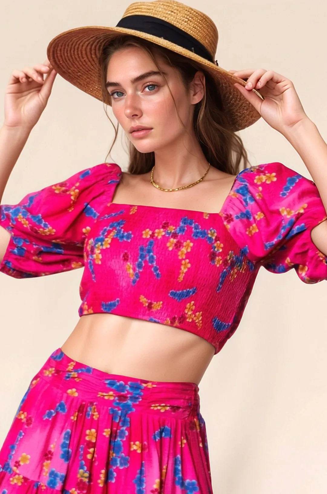 Davi & Dani Smocing Bodice Puff Short Sleeve Printed Crop Top - Shop Style & More | Fresh Looks, Everyday Deals & Free Shipping