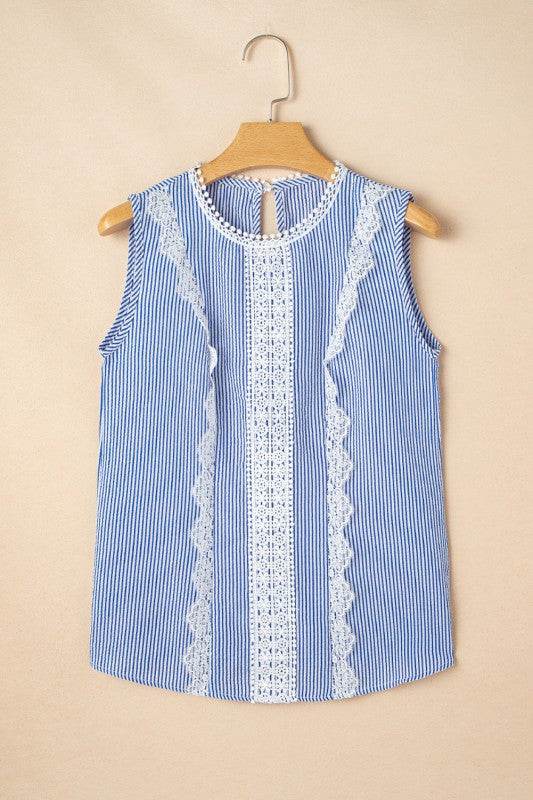 Meredith Stripe Lace Patchwork Crew Neck Tank Top - Shop Style & More | Fresh Looks, Everyday Deals & Free Shipping