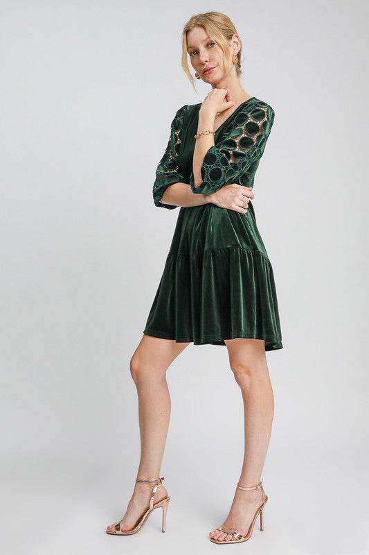 Umgee Dotted Lace Sleeve Tiered Velvet Mini Dress - Shop Style & More | Fresh Looks, Everyday Deals & Free Shipping