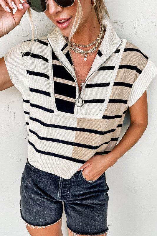 Stripe Colorblock Quarter Zip Collar Sweater Vest - Shop Style & More | Fresh Looks, Everyday Deals & Free Shipping