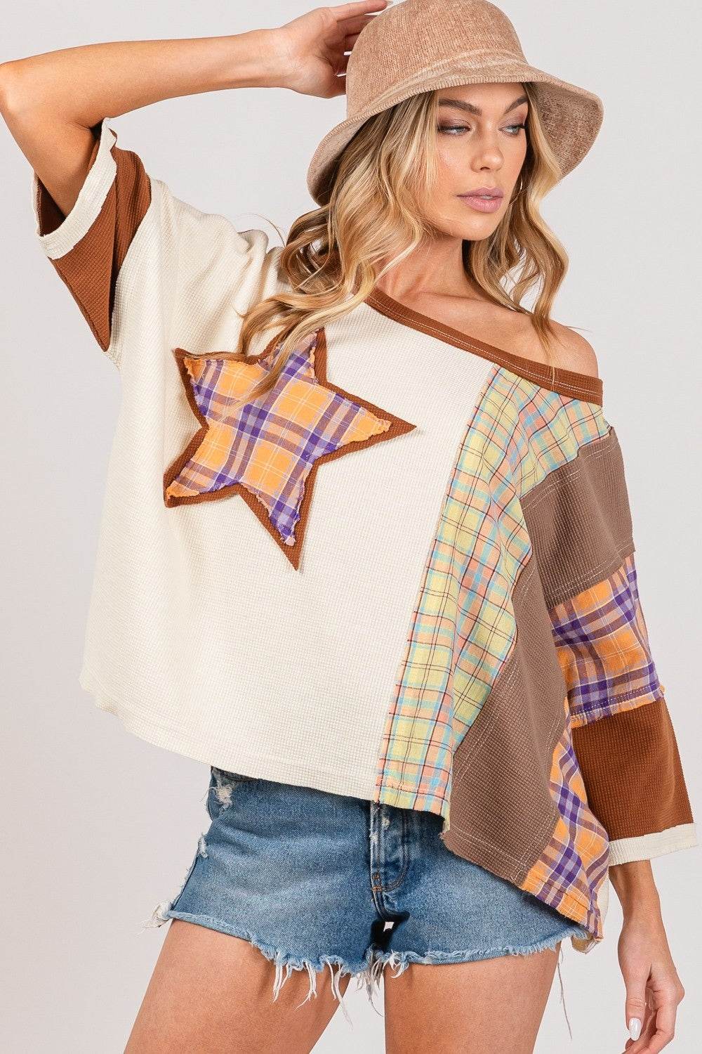 SAGE + FIG Round Neck Plaid Star Patch T-Shirt - Shop Style & More | Fresh Looks, Everyday Deals & Free Shipping