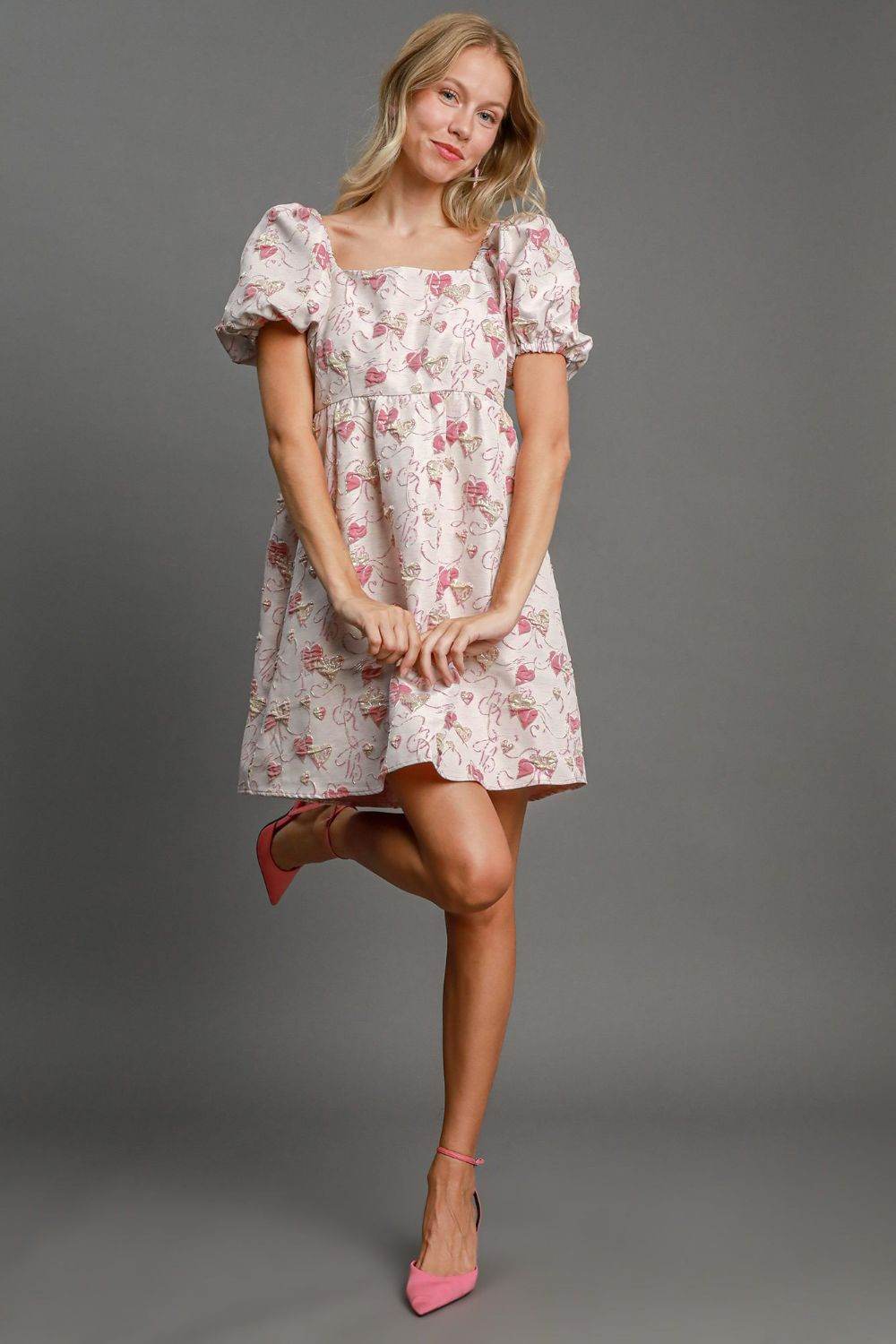 Umgee Heart Jacquard Square Neck Puff Sleeve Mini Dress - Shop Style & More | Fresh Looks, Everyday Deals & Free Shipping