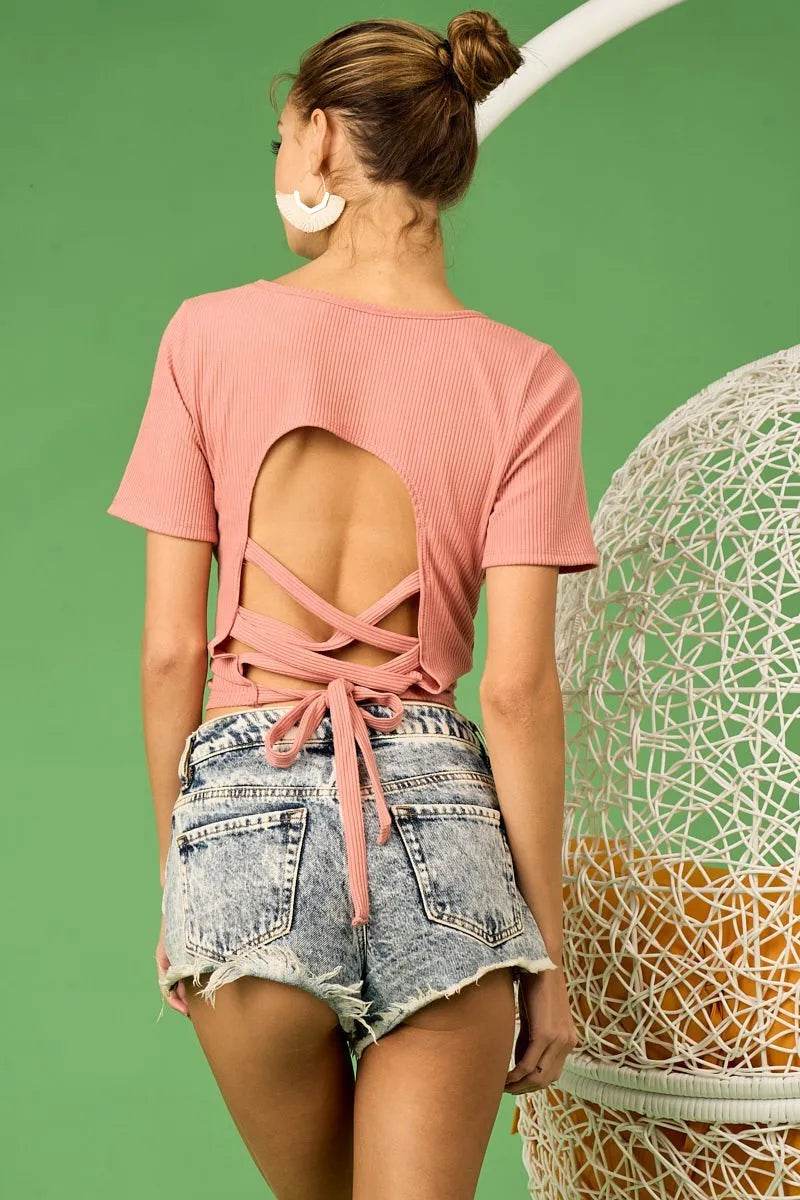 BiBi Rib Knit with Back Cross and Tied Detailed Top - Shop Style & More | Fresh Looks, Everyday Deals & Free Shipping