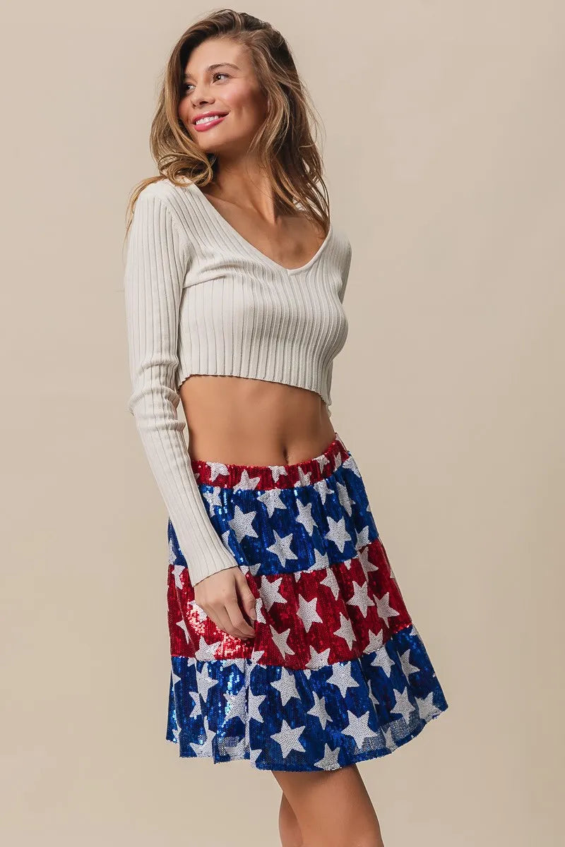 BiBi American Flag Theme Star Sequin Tiered Skirt Women - Bottoms - Skirt