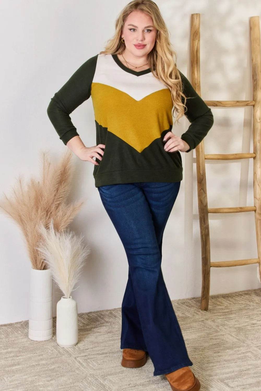 Hailey & Co Full Size Colorblock V-Neck Blouse - Shop Style & More | Fresh Looks, Everyday Deals & Free Shipping