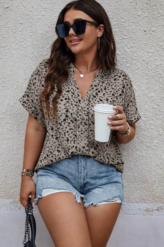 Plus Size Floral Notched V Neck Short Casual Blous - Shop Style & More | Fresh Looks, Everyday Deals & Free Shipping