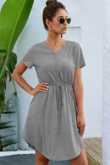 Solid V Neck Button Down Tie Waist Jersey Dress - Shop Style & More | Fresh Looks, Everyday Deals & Free Shipping