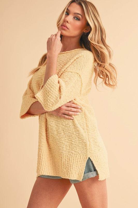 Aemi + Co Side Slit Ribbed Hem Round Neck Sweater - Shop Style & More | Fresh Looks, Everyday Deals & Free Shipping
