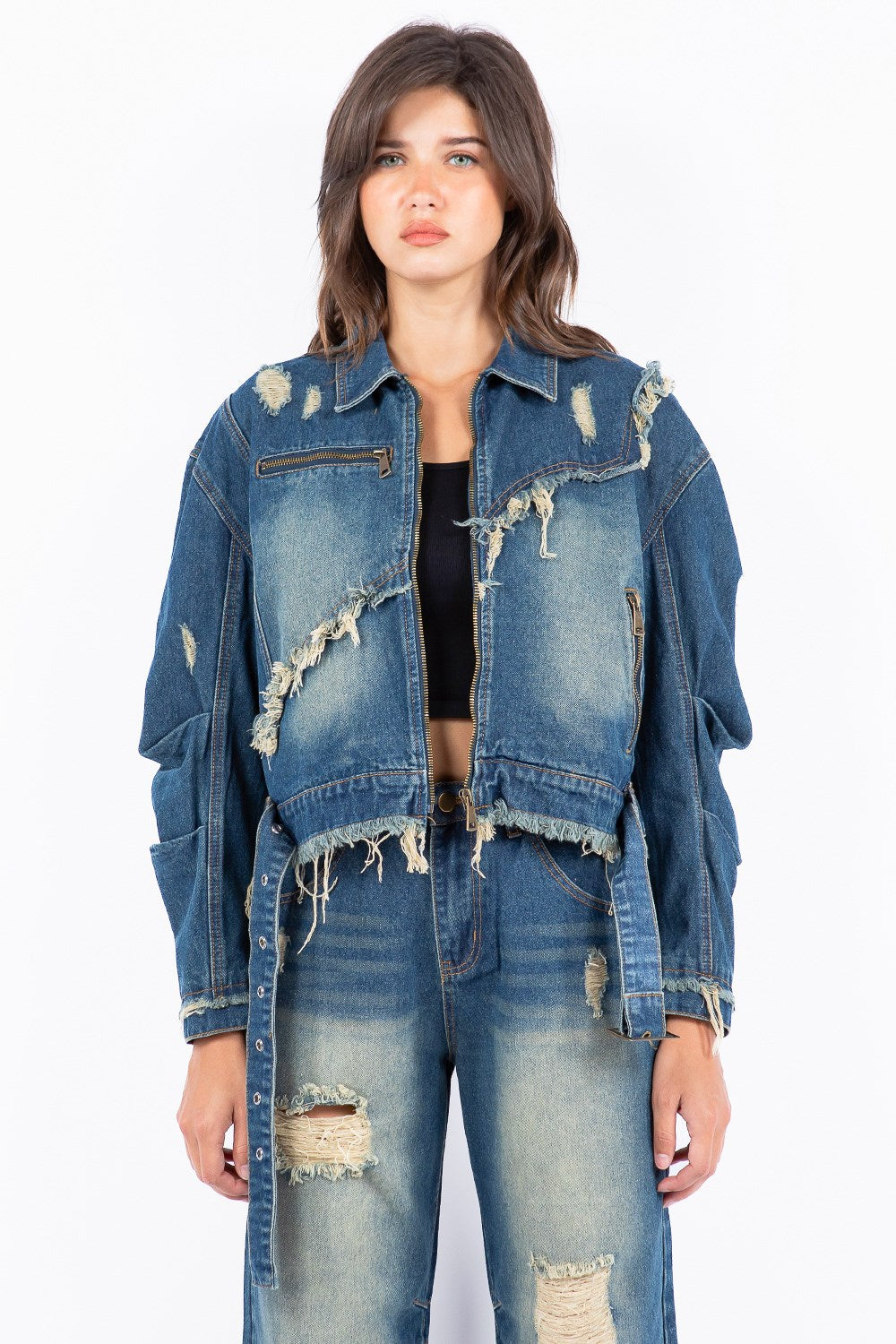 American Bazi Full Size Distressed Frayed Edge Zip Up Denim Jacket Plus Size Medium Women's Outerwear