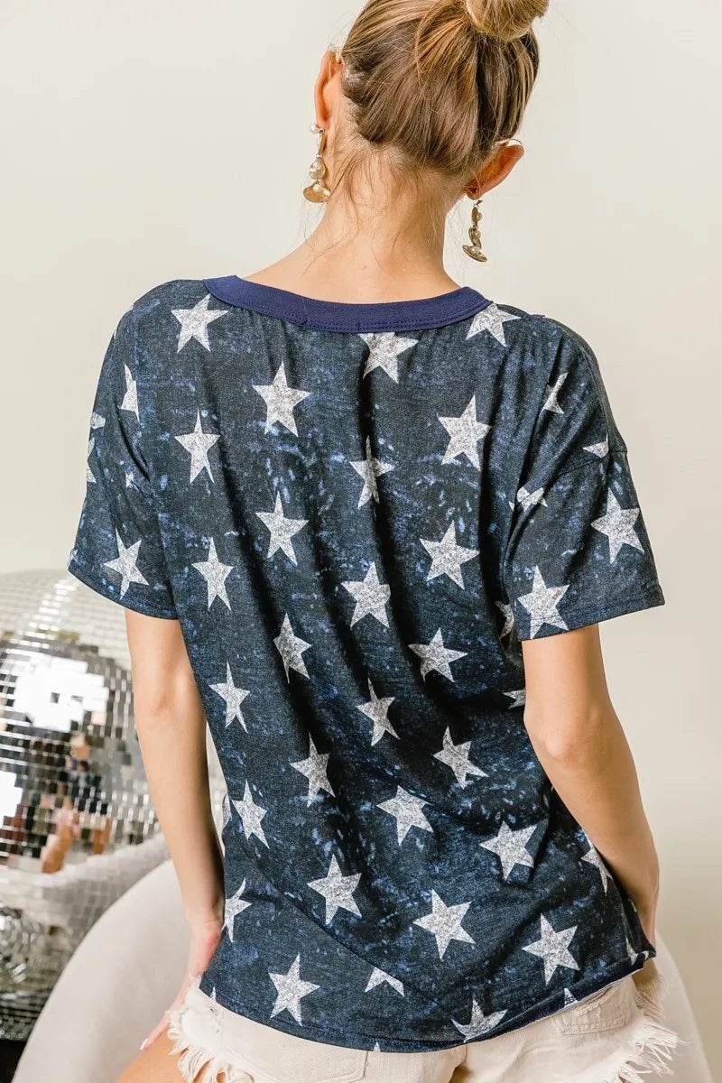 BiBi Vintage Star Print Top With Contrast Caged Neck - Shop Style & More | Fresh Looks, Everyday Deals & Free Shipping