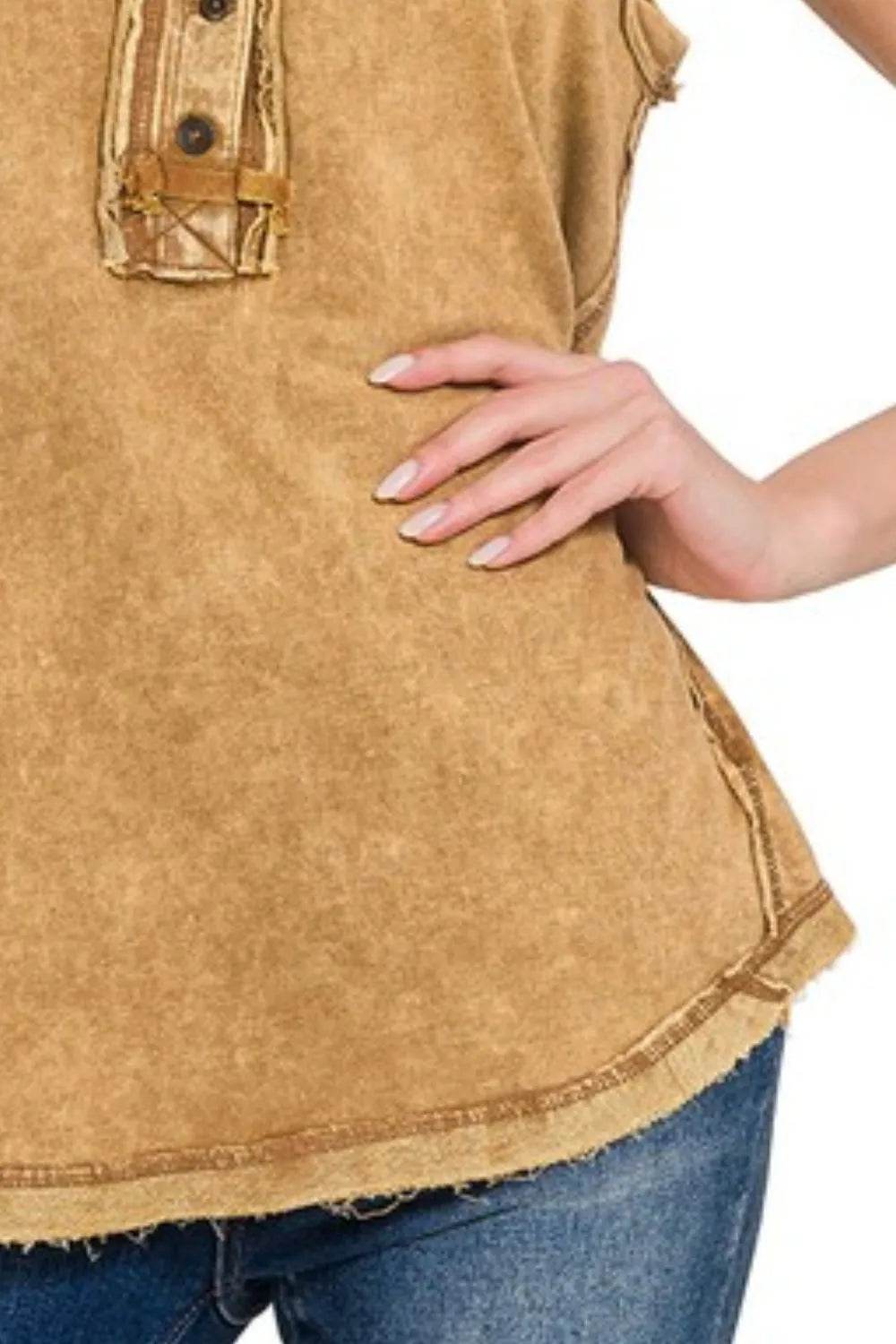 Zenana Washed Half-button Raw Edge Sleeveless Henley Top - Shop Style & More | Fresh Looks, Everyday Deals & Free Shipping