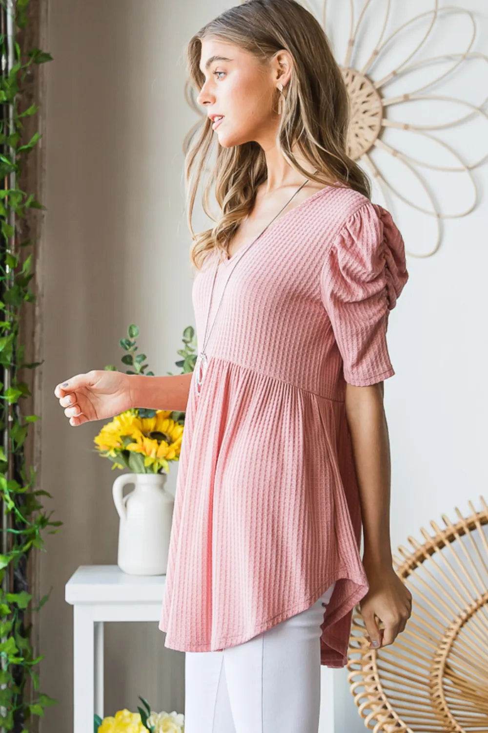 Heimish Full Size Waffle Knit V-Neck Babydoll Top - Shop Style & More | Fresh Looks, Everyday Deals & Free Shipping