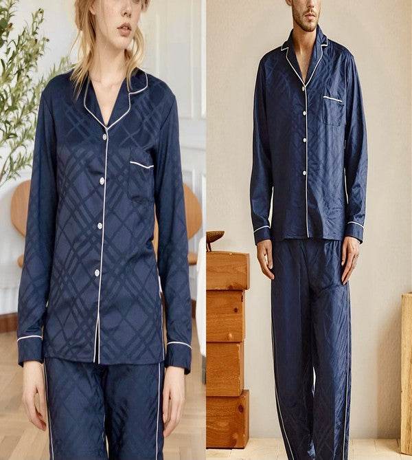 Unisex Navy Silky Button Front LongSleeves PJs Set - Shop Style & More | Fresh Looks, Everyday Deals & Free Shipping