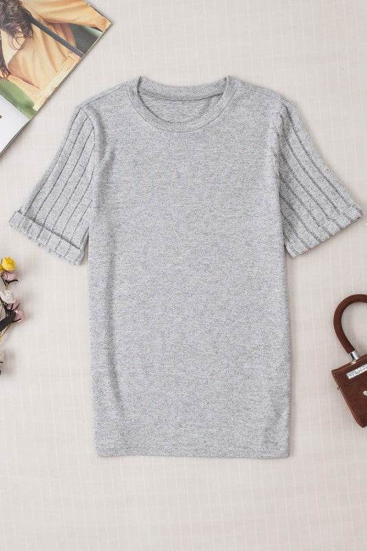 Alma Ribbed Splicing Sleeve Round Neck Top - Shop Style & More | Fresh Looks, Everyday Deals & Free Shipping